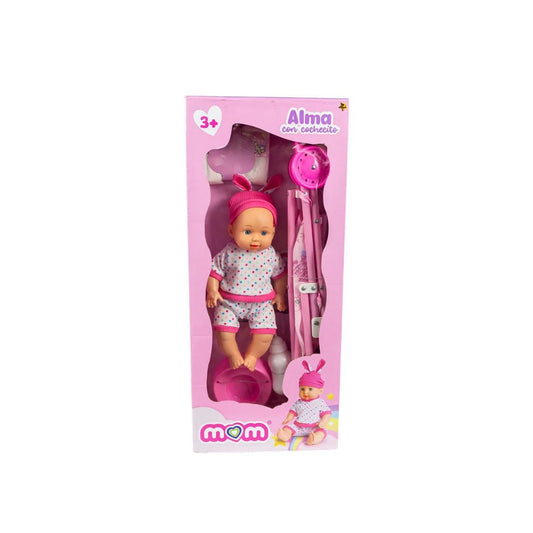 Juguete Bebe Alma con Coche Rosa caja