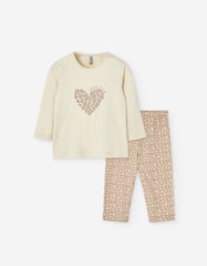 Conjunto beige para niña Losan con camiseta de corazón floral y leggings estampados
