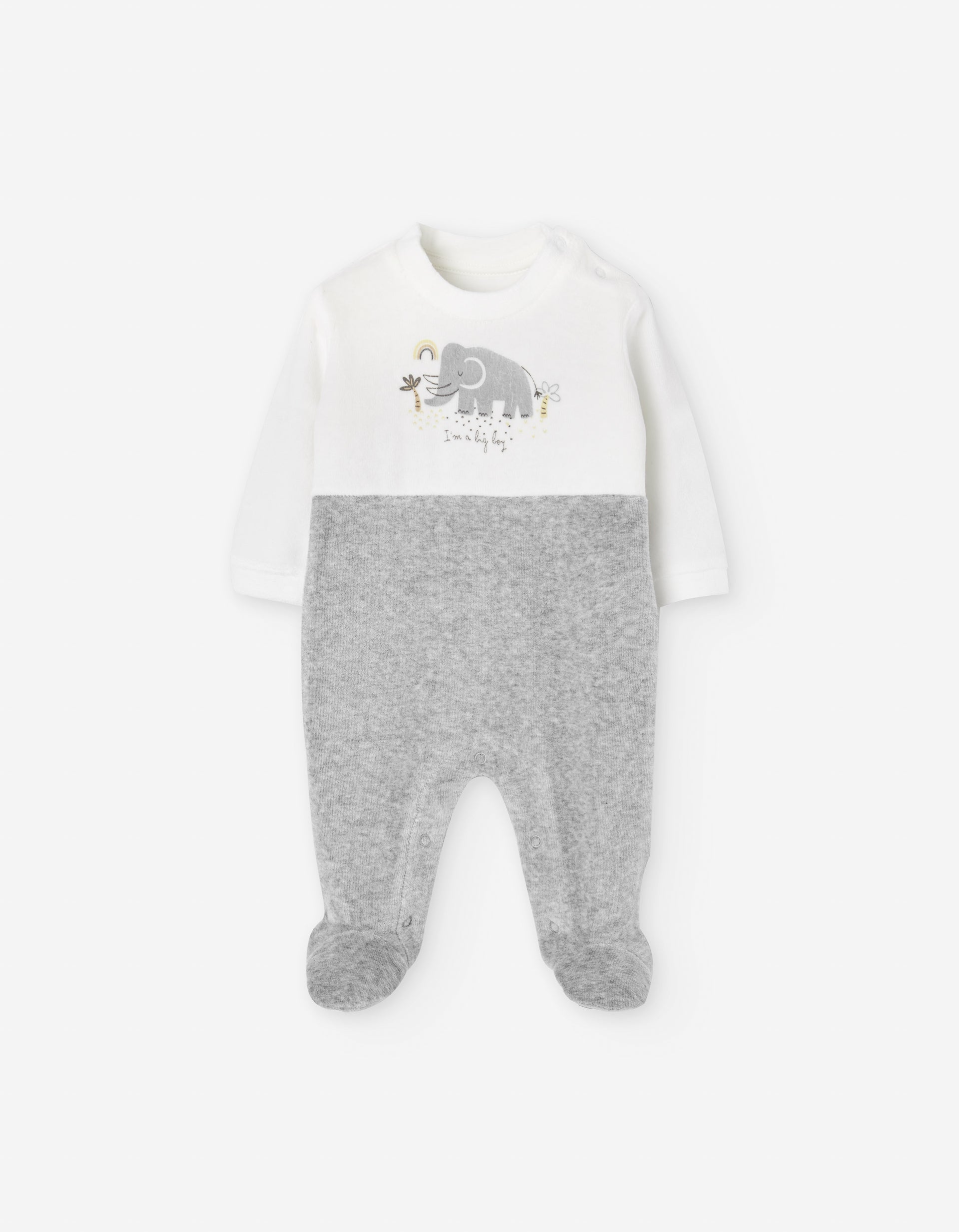 Pijama enteriza blanco gris con elefante LOSAN para bebé niño vista frontal.