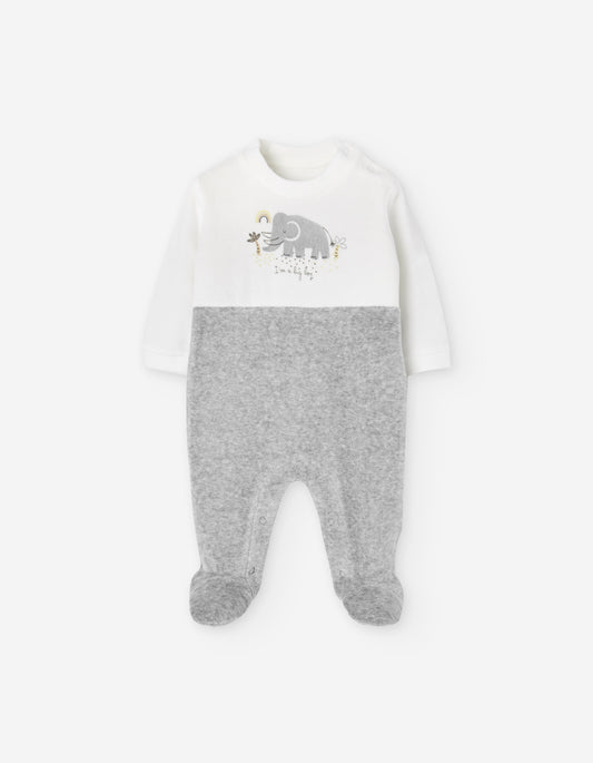 Pijama enteriza blanco gris con elefante LOSAN para bebé niño vista frontal.