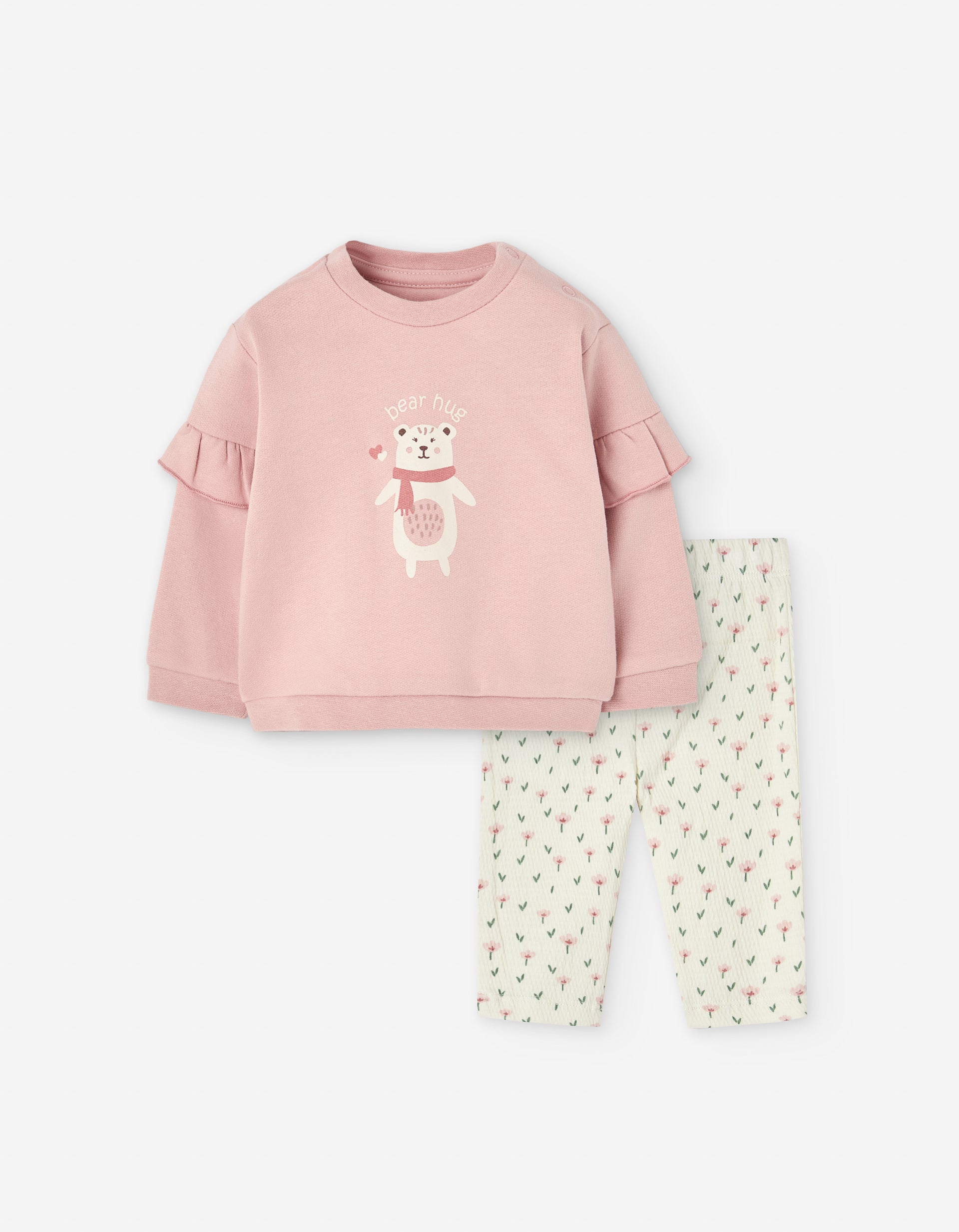 Conjunto de bebé Losan rosa con estampado bear hug y leggings florales