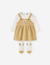 Conjunto de bebé Losan con vestido de pana amarillo y leotardos con arcoíris