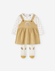 Conjunto de bebé Losan con vestido de pana amarillo y leotardos con arcoíris