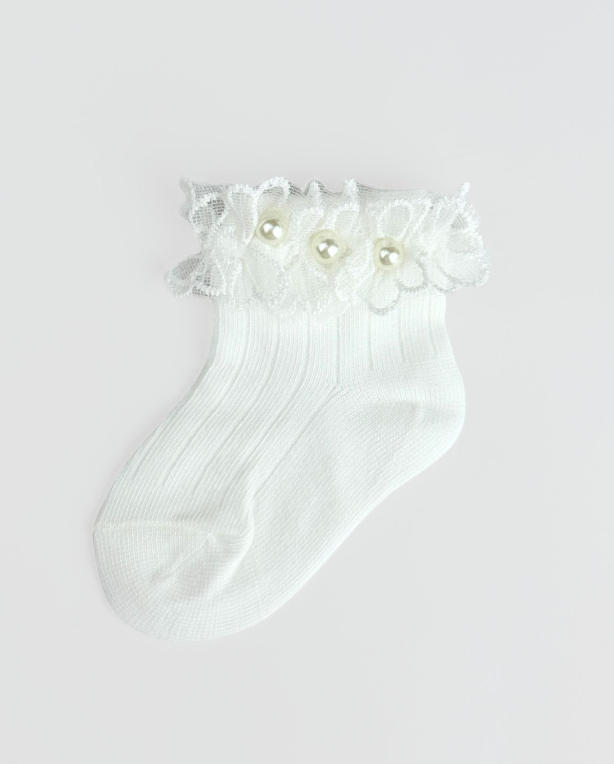 Medias Encaje Flor Perlas Blanco
