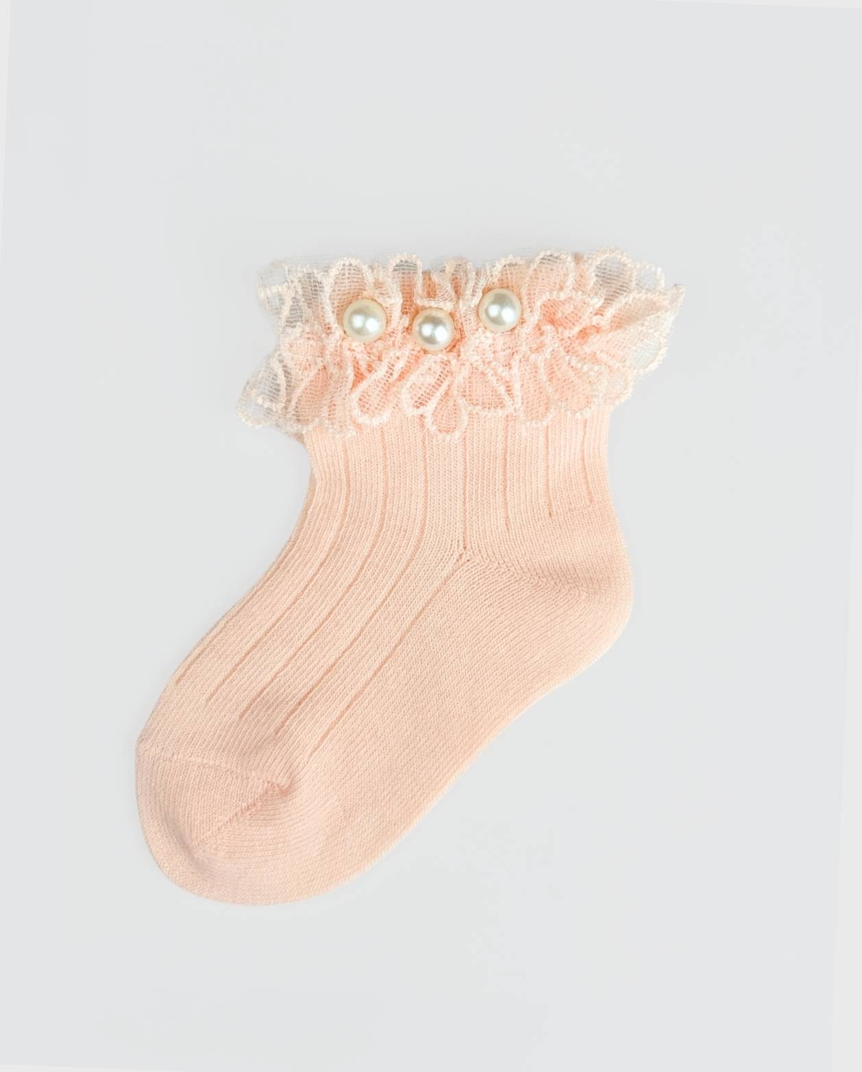 Medias Encaje Flor Perlas Rosa