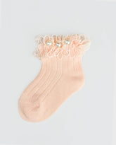 Medias Encaje Flor Perlas Rosa