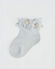 Medias Encaje Flor Perlas Gris