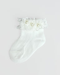 Medias Encaje Flor Perlas Blanco