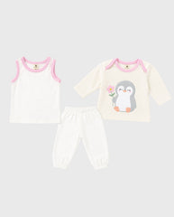 Primer Día Bordado Pingüino Flor Rosa Blanco diseño