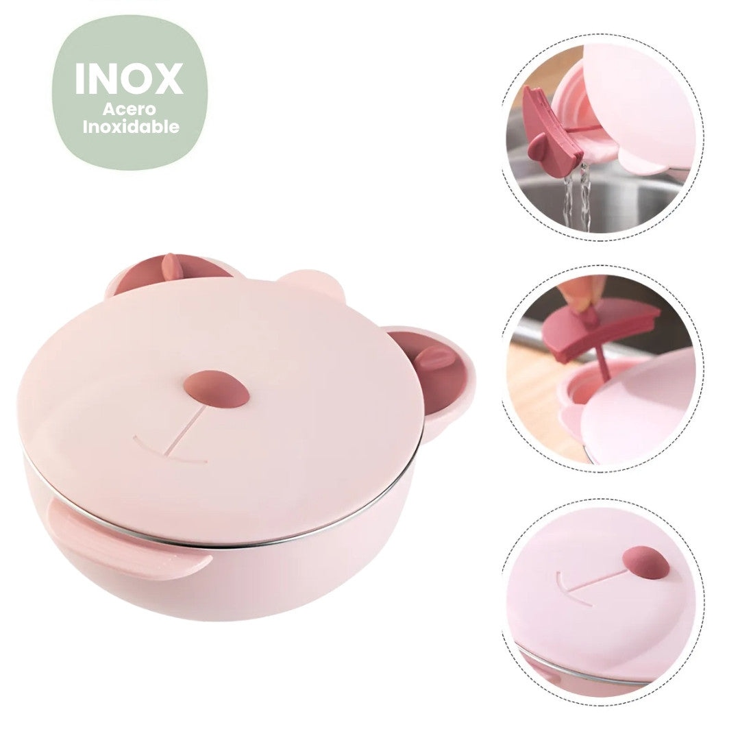 Plato Infantil En Acero Inoxidable Con Diseño De Oso Rosa
