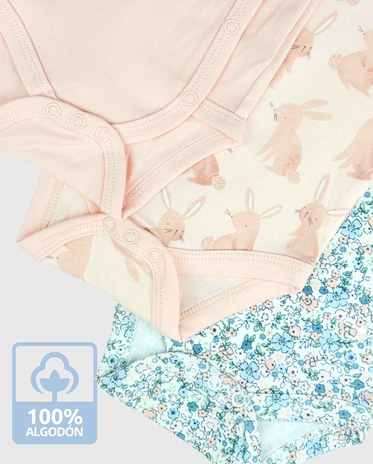 Set 3 Bodys Estampado Conejos Rosa Travesuras