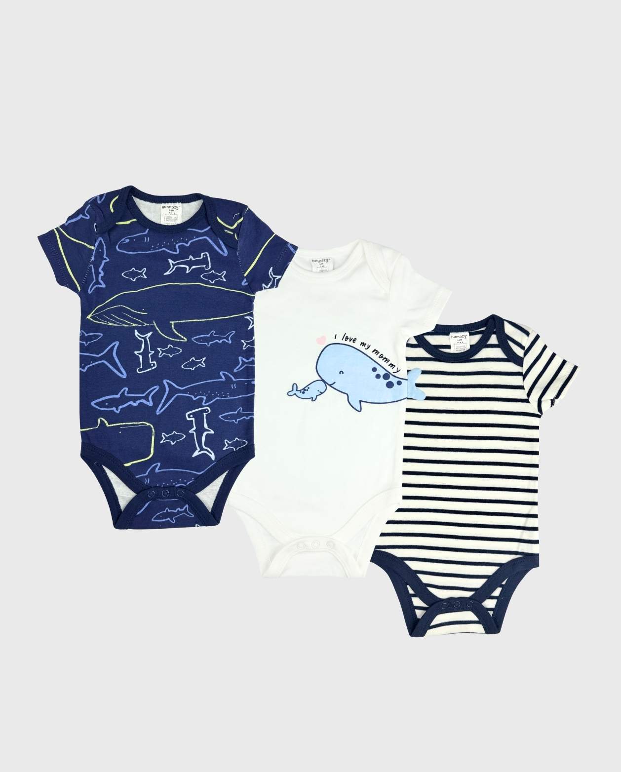 Set 3 Bodys Estampado Tiburón Azul