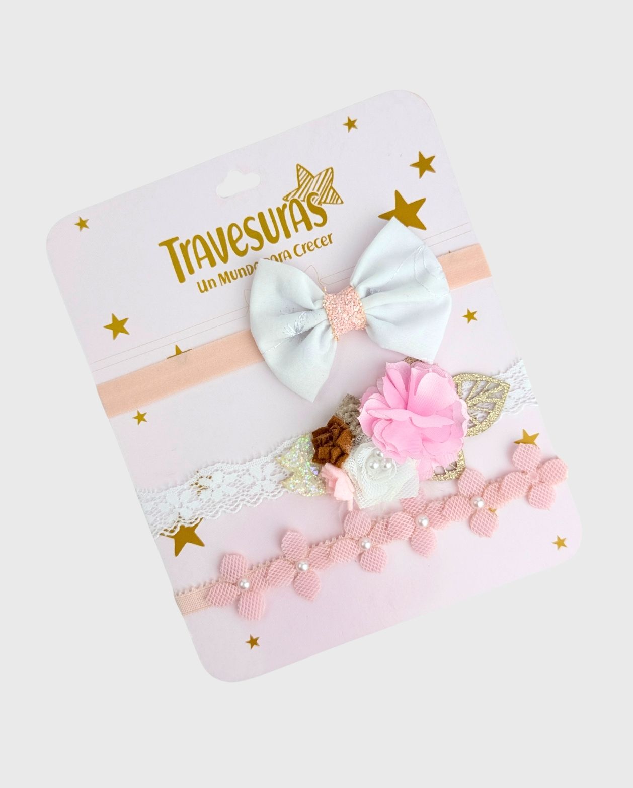 Set 3 Balacas Moños Y Flores Rosa