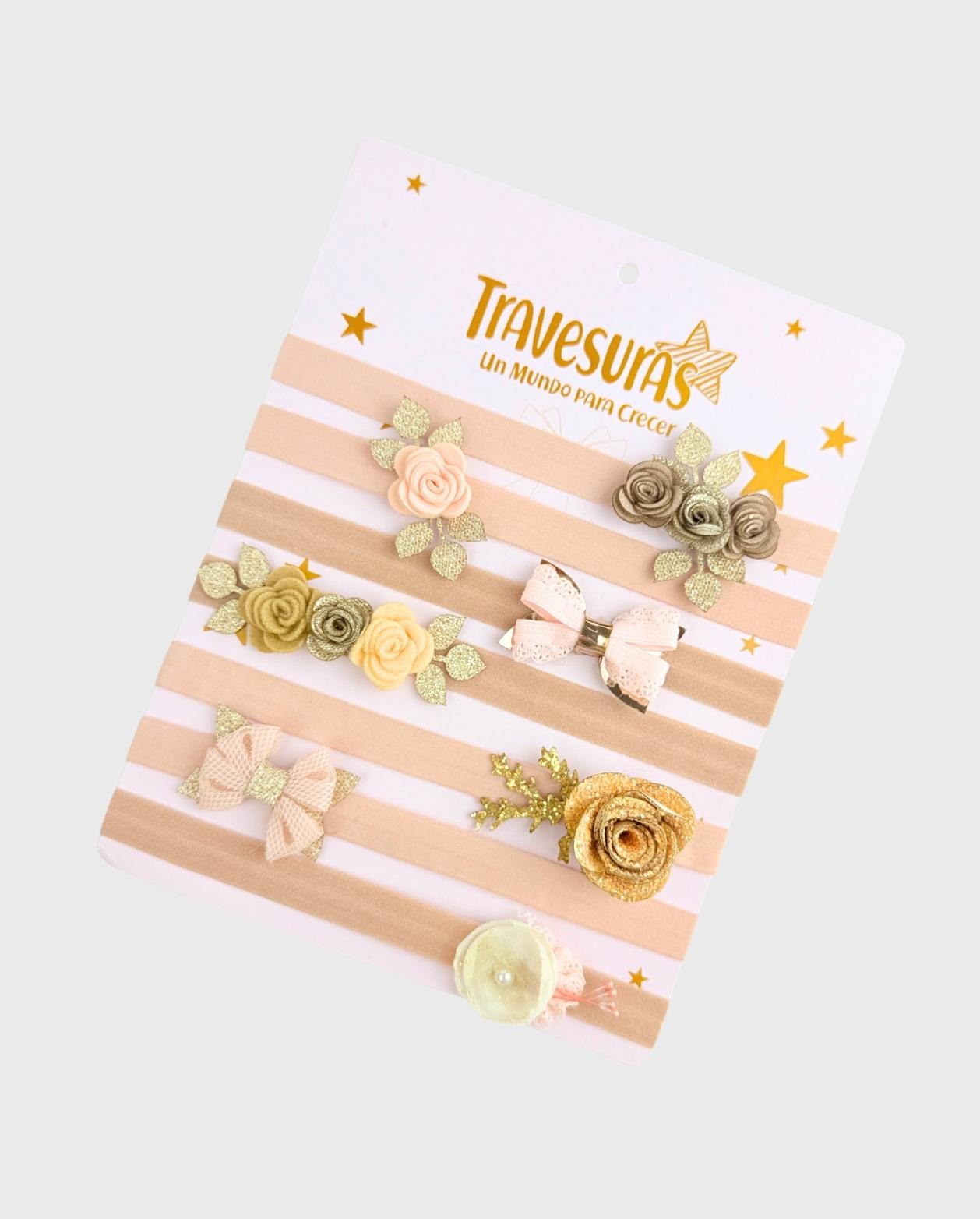 Set 7 Balacas Moños Y Flores Café