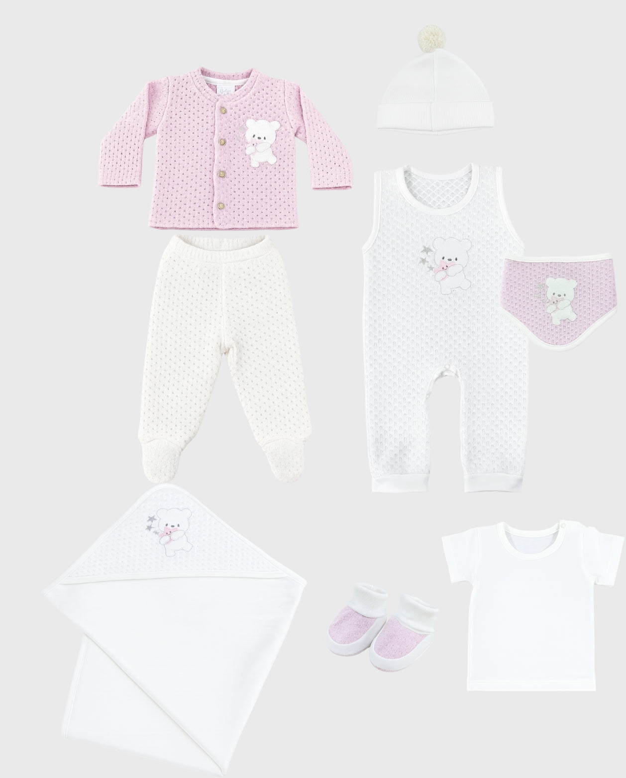 Set Primer Día Tejido Oso Estrella Rosa
