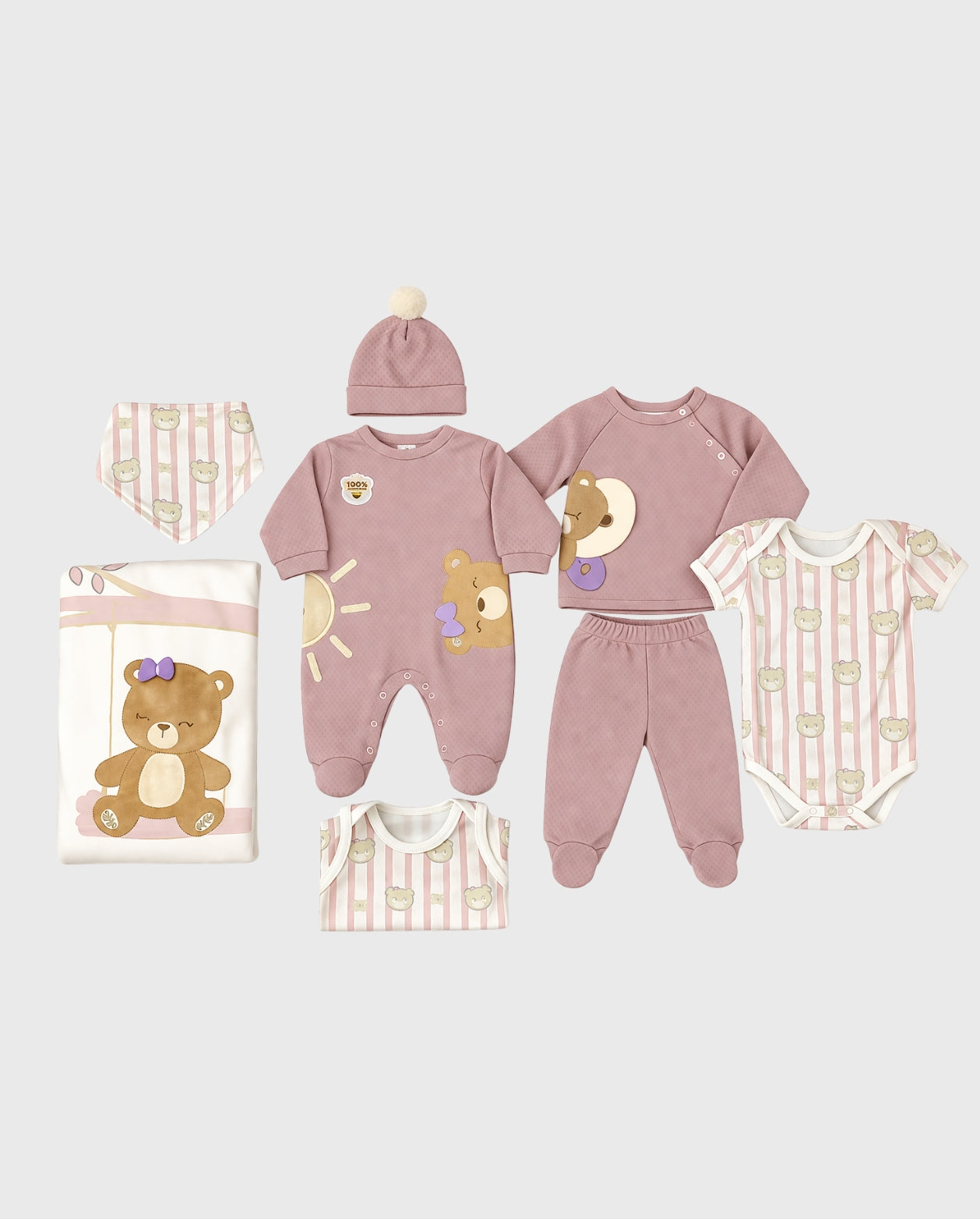 Set Primer Dia Rayas Osos Rosa
