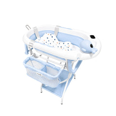 Bañera Plegable para Bebé con Base, Malla y Ducha Manual Azul