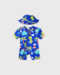 Traje de Baño Enterizo Con Pava Dinosaurios Azul
