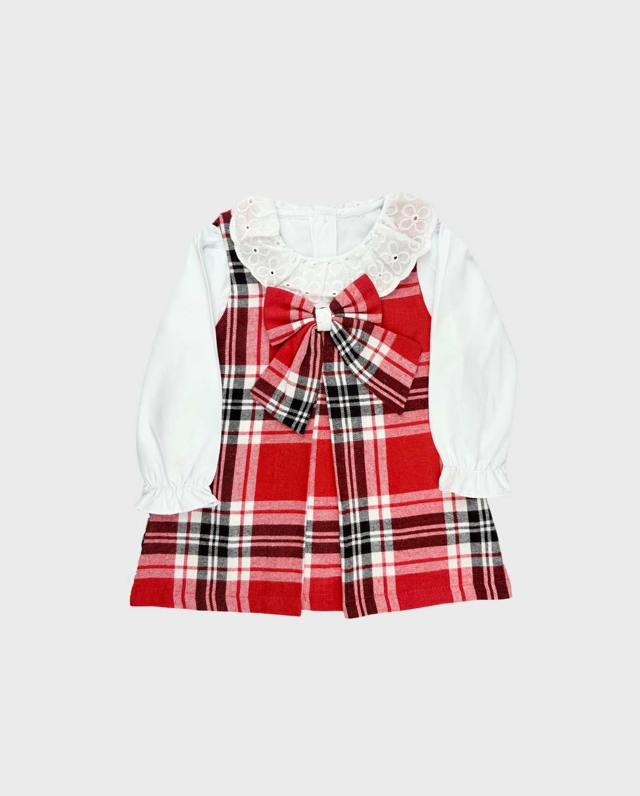 Vestido Cuello Bordado Cuadros Rojo Navidad