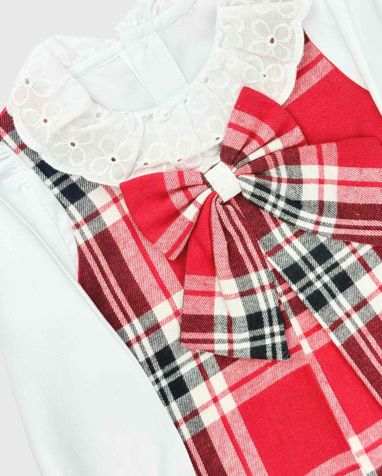 Vestido Cuello Bordado Cuadros Rojo