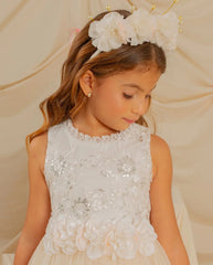 Vestido Alma Cintura Flores Blanco brillos