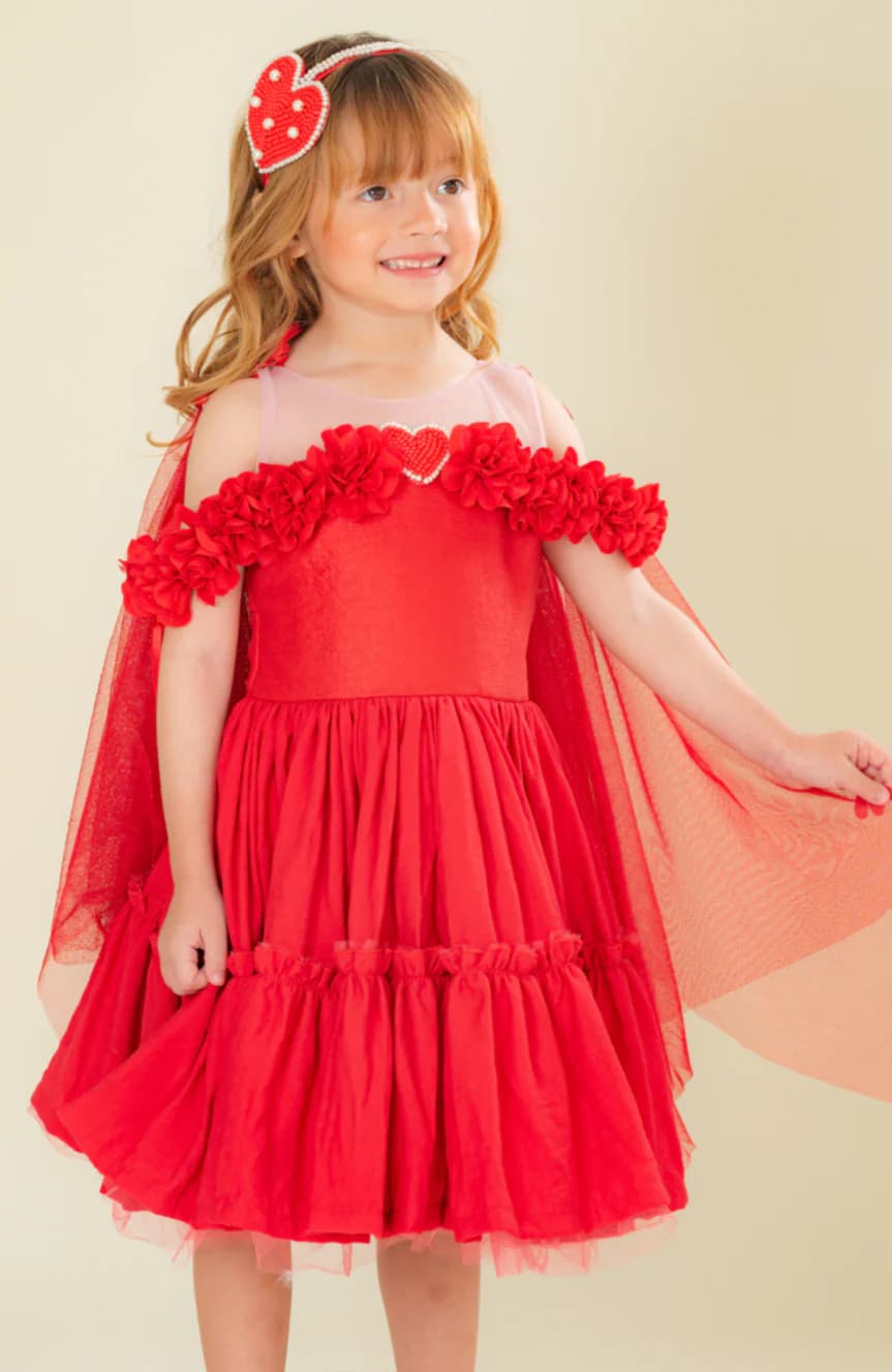 Vestido Fragmento Rojo para niña con tul en capas y flores 3D