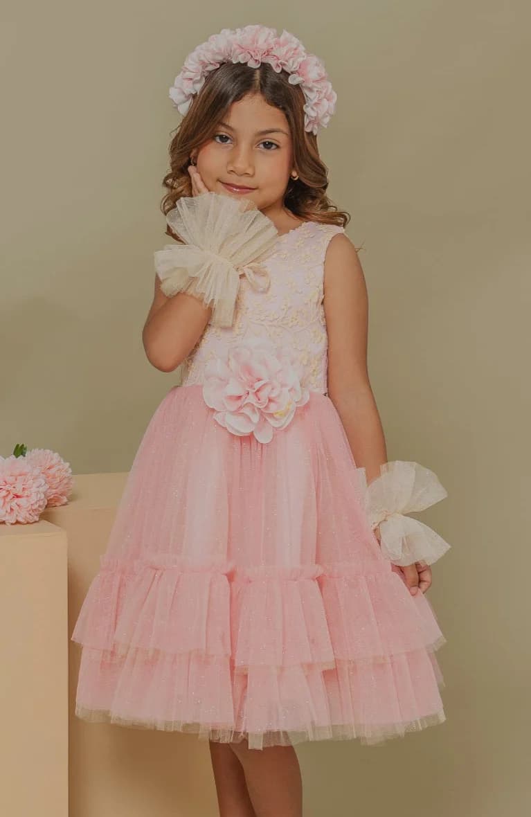Vestido Libros Rosa para niña con tul y flores decorativas