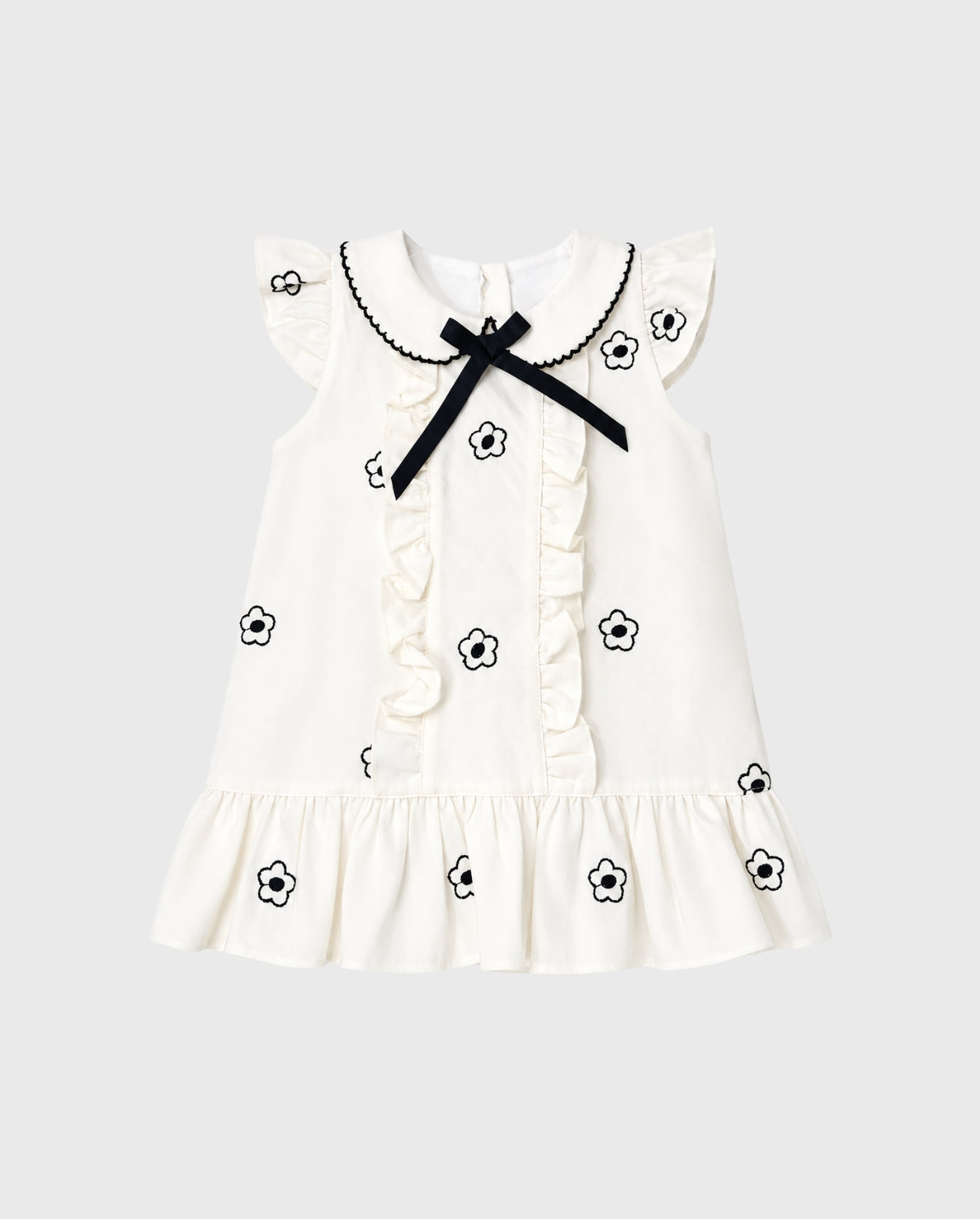 Vestido Volantes Bordado Flores Beige