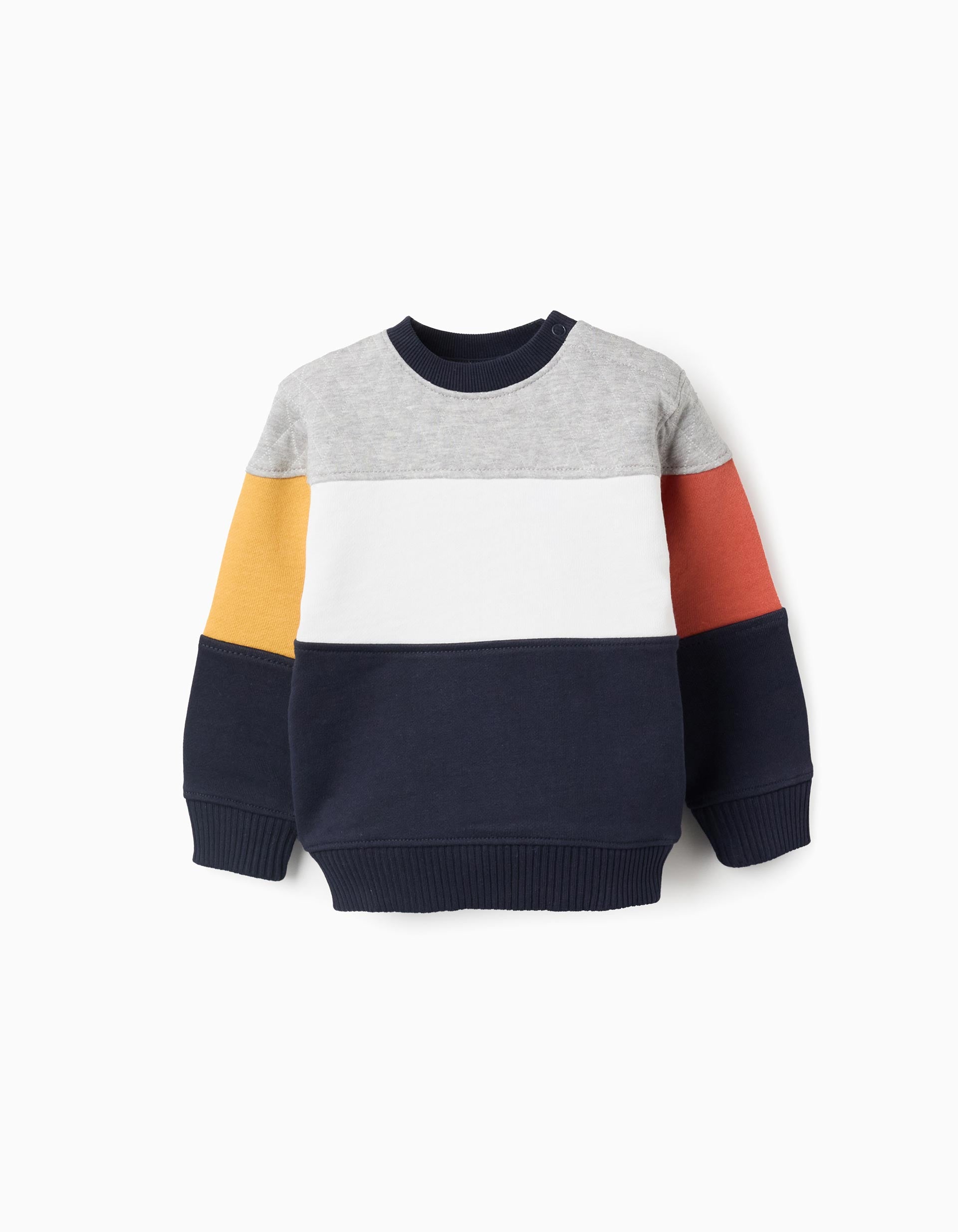 Sudadera combinada fleece niño color‑block gris navy mostaza teja
