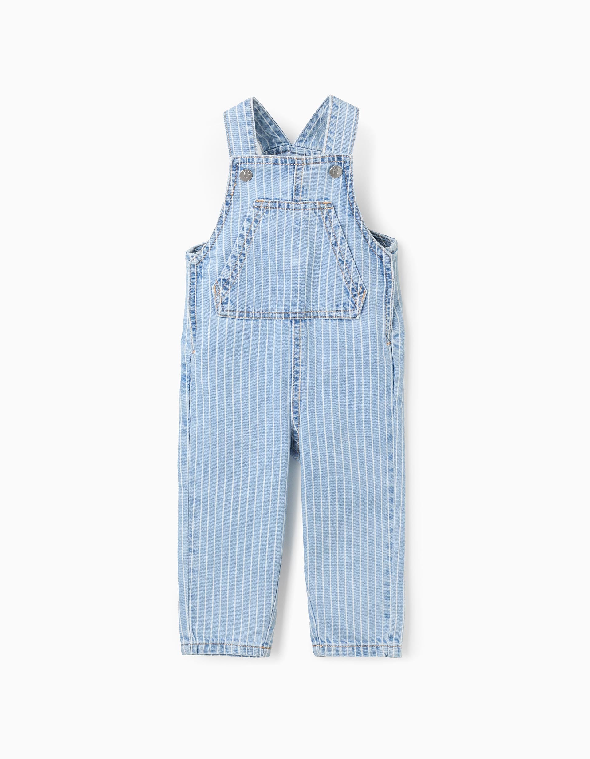 Overol bebé denim claro rayado tirantes ajustables bolsillos