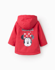 Chaqueta bebé Minnie roja con capucha y forro a rayas