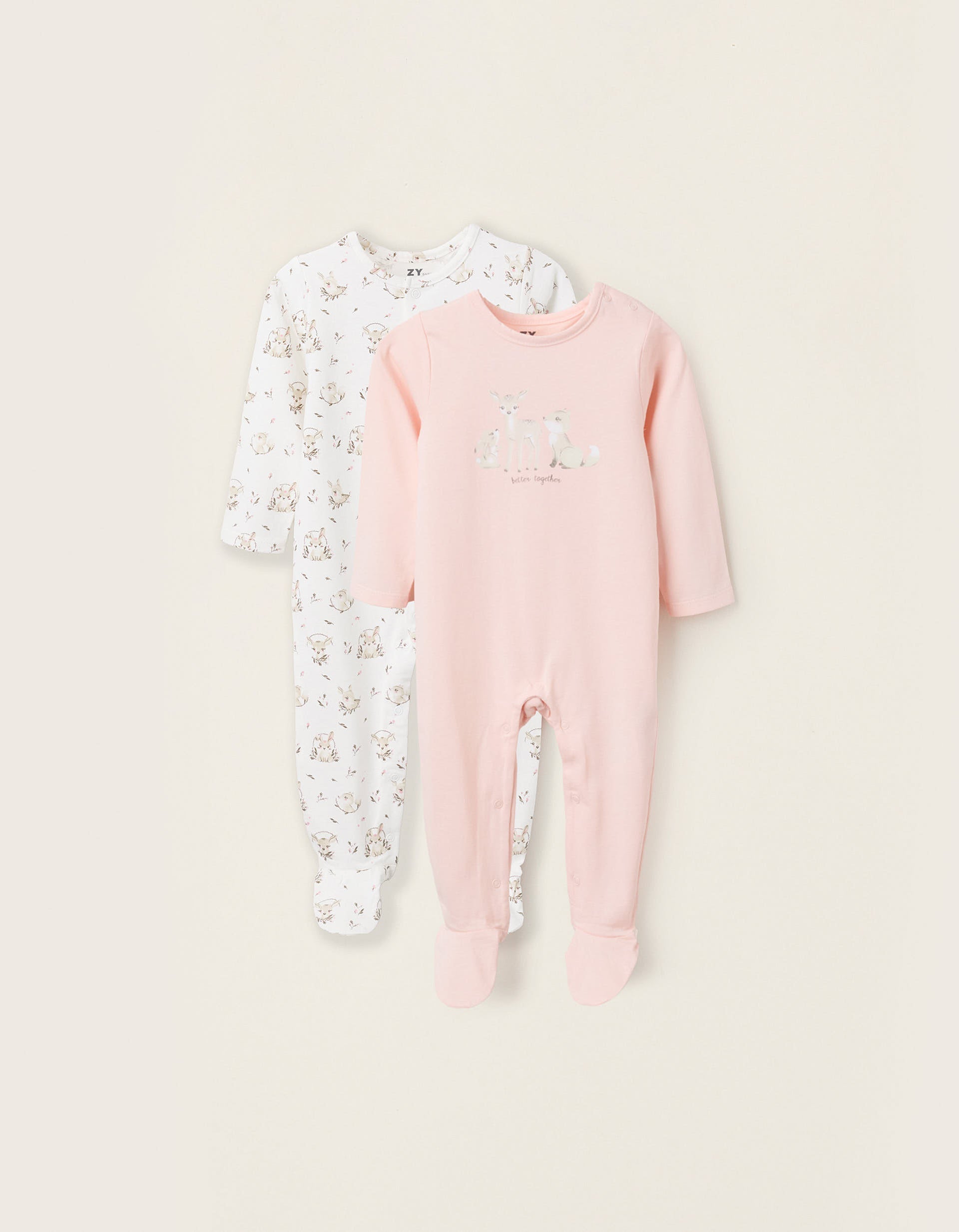 Set 2 pijamas de bebé en rosa y blanco con estampado de venado