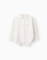 Camisa blanca infantil manga larga con cuadros en rosa y verde