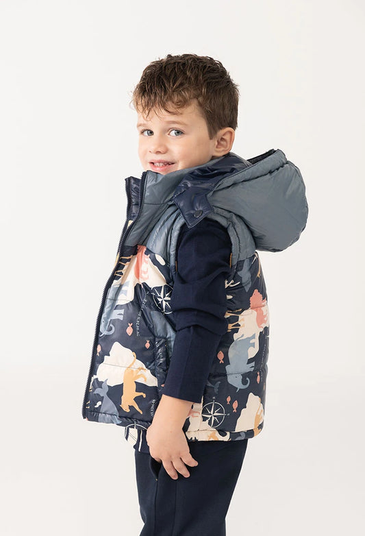 Chaleco reversible Boboli azul y mostaza con capucha desmontable