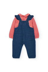 Ropa de bebé otoño con blusa color salmón y overol denim decorado