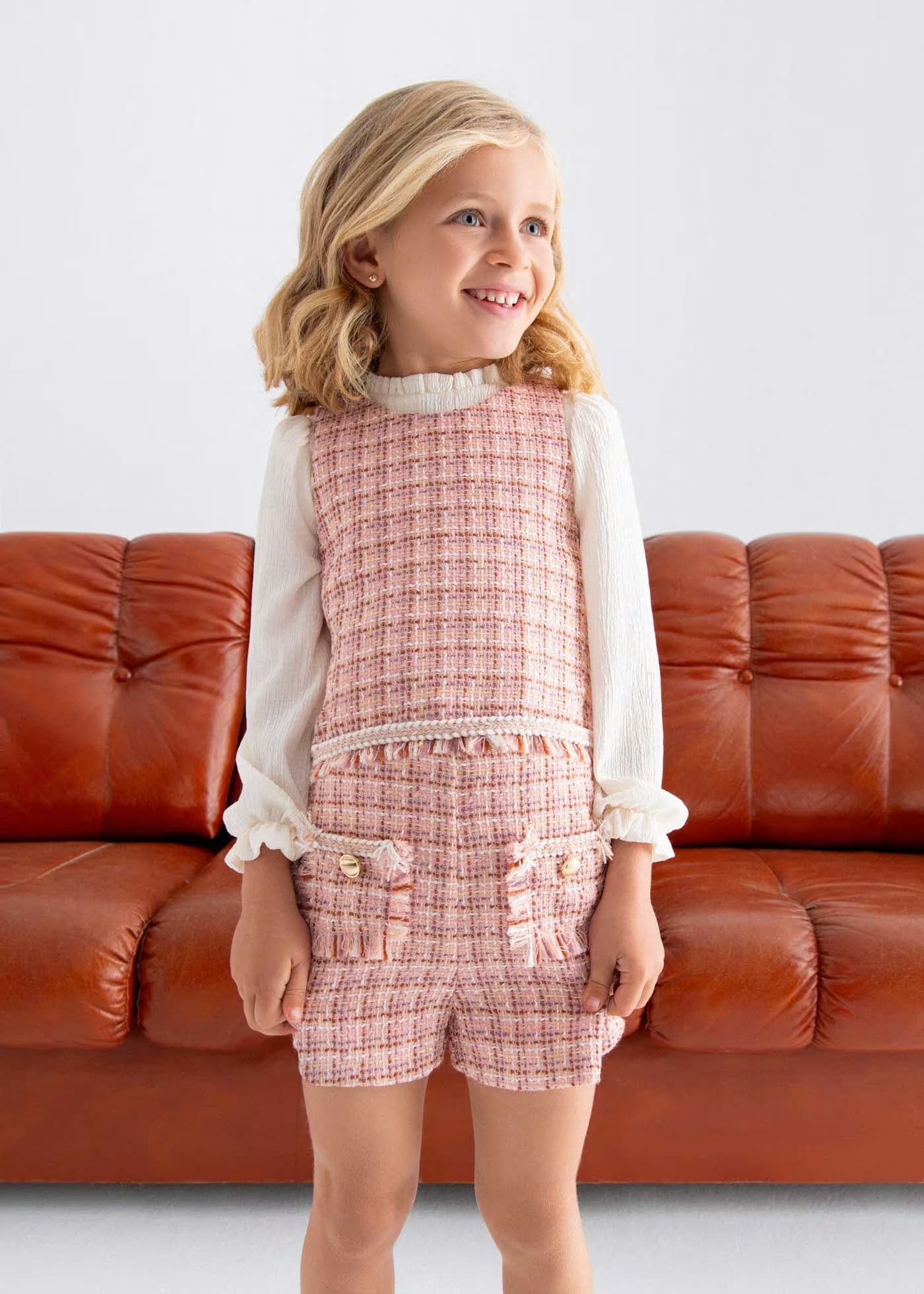 Conjunto Short Tweed Cuadros Rosa Pastel Abel & Lula Estilo Modelo