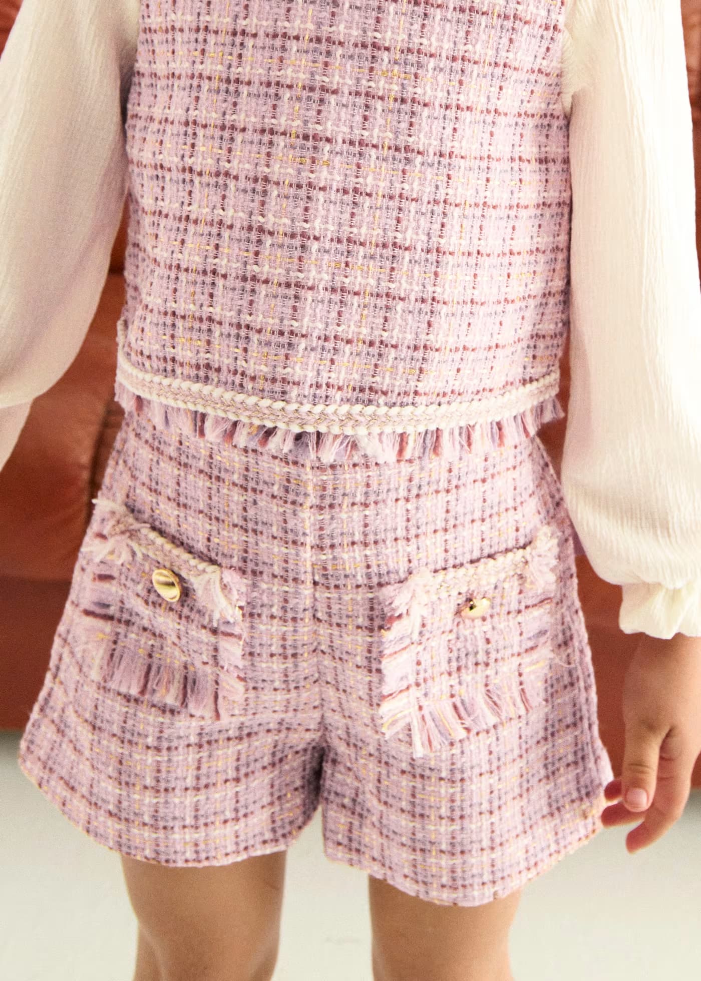 Conjunto Short Tweed Cuadros Rosa Pastel Abel & Lula Detalle