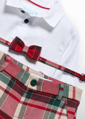 Conjunto Bermuda con Corbatín Cuadros Rojo Abel & Lula Detalle