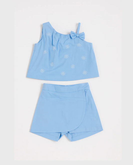 Conjunto Falda Short Flores Bordado azul