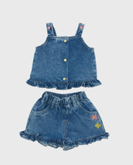 Conjunto Short Boleros Flores Denim oscuro