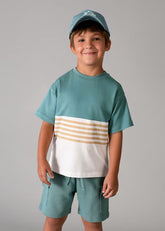 Conjunto infantil verde Mayoral 3 piezas con bermuda y camiseta rayas