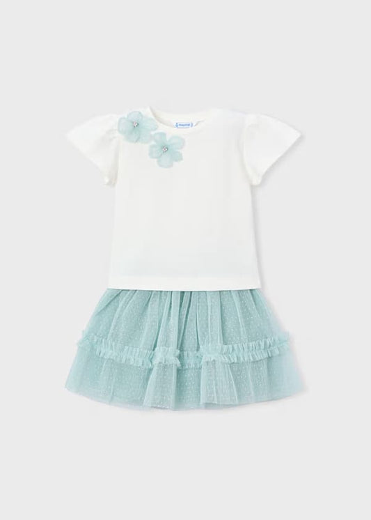 Conjunto infantil Mayoral blusa blanca y falda tul menta con flores