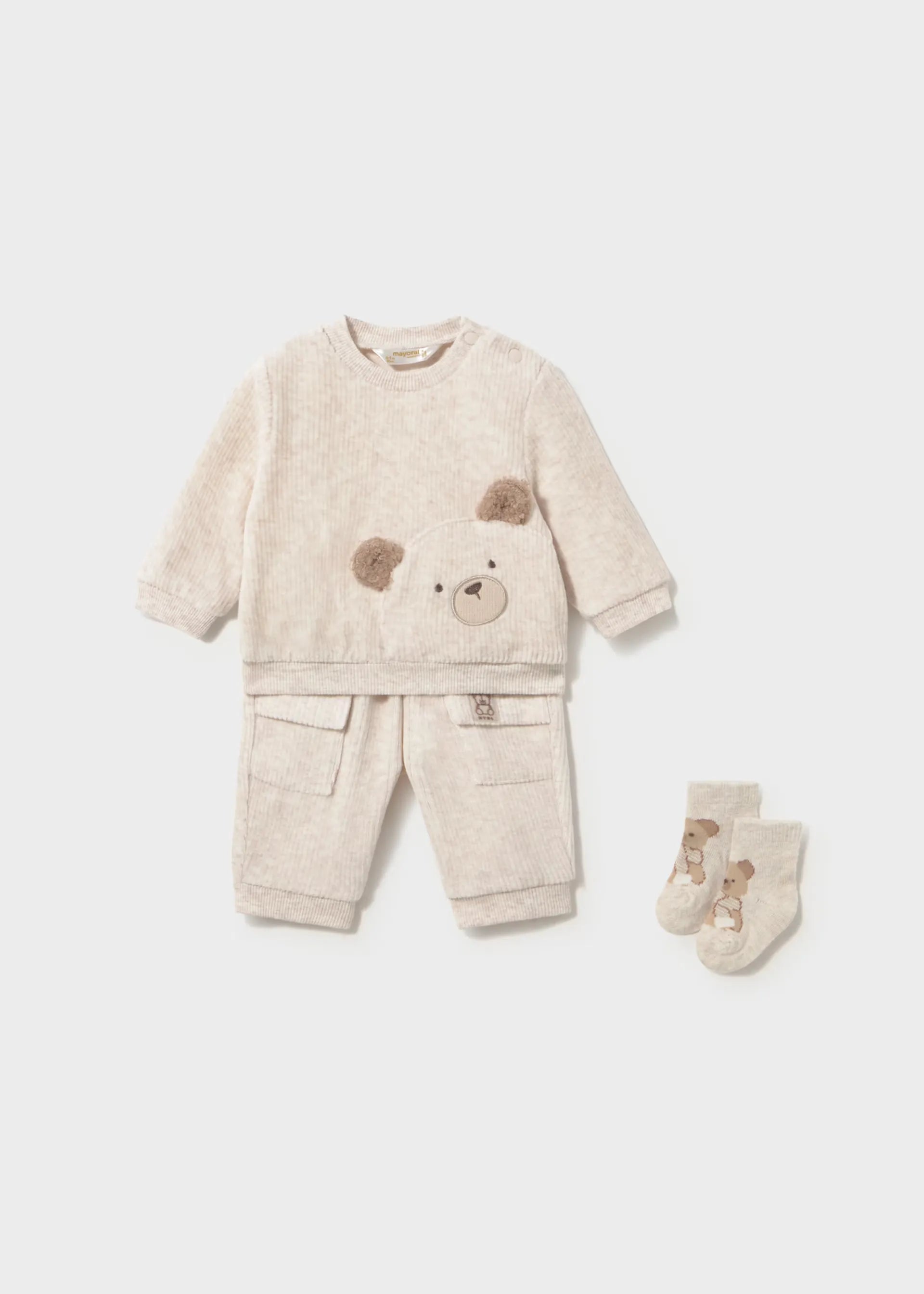 Conjunto 3 Piezas Saco Bordado Oso Beige Mayoral
