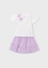Conjunto Blusa Blanca y Falda Tul Con Flores Lila Mayoral