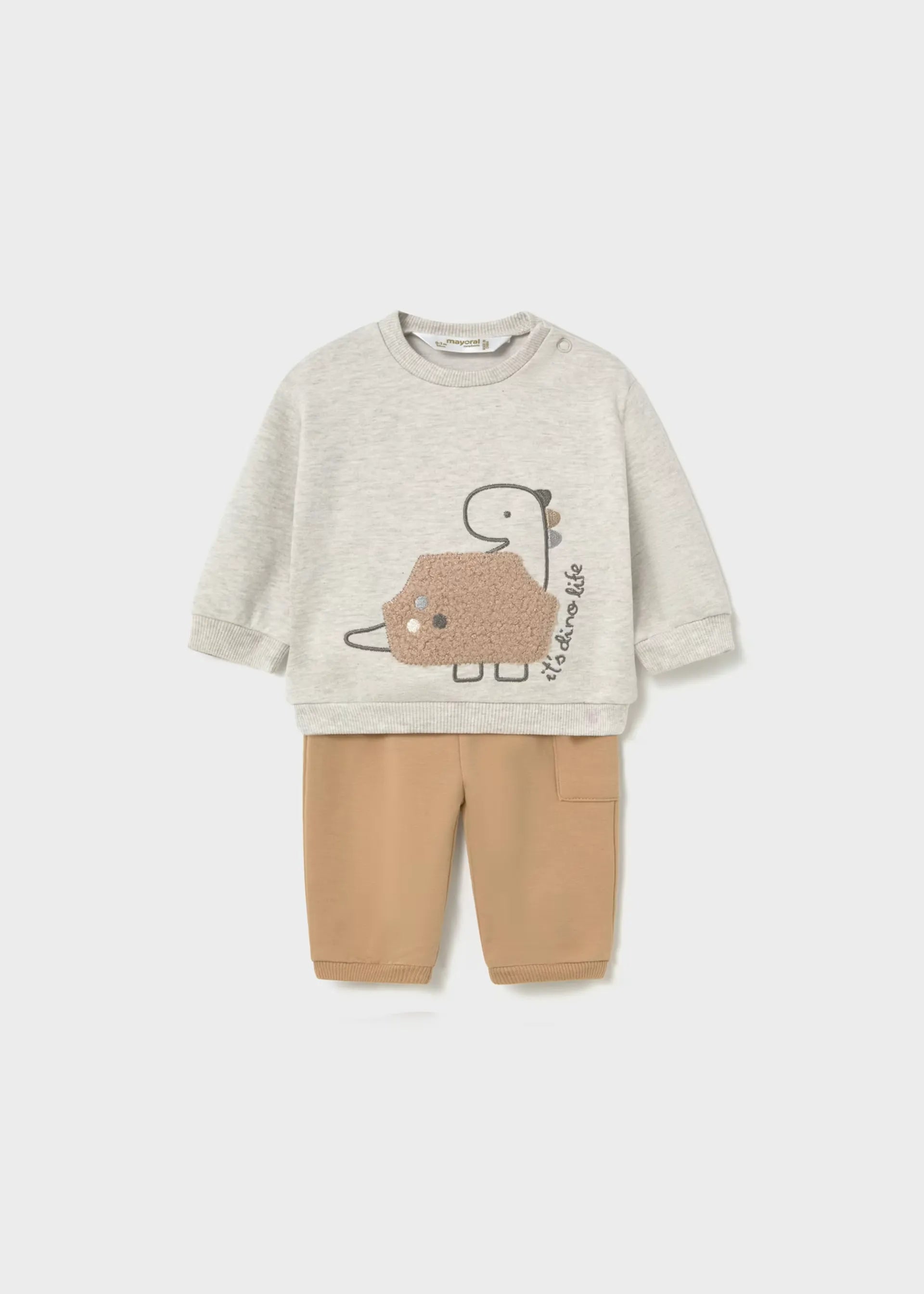 Conjunto Manga Larga Bordado Dino Friends Beige Mayoral