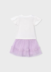 Conjunto Blusa Blanca y Falda Tul Con Flores Lila Mayoral