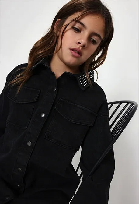 Vestido Denim Cuello Brillos Negro Boboli