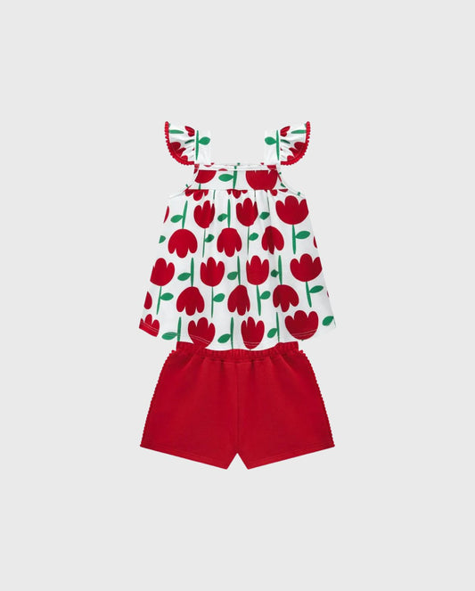 Conjunto Short Blusa Estampado Tulipanes Rojo Kyly