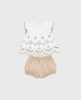 Conjunto Short Blusa Puntos Detalle Flores Beige Milon
