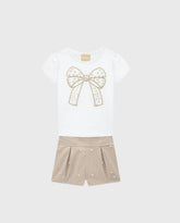 Conjunto Short Blusa Moño Perlas Beige Milon